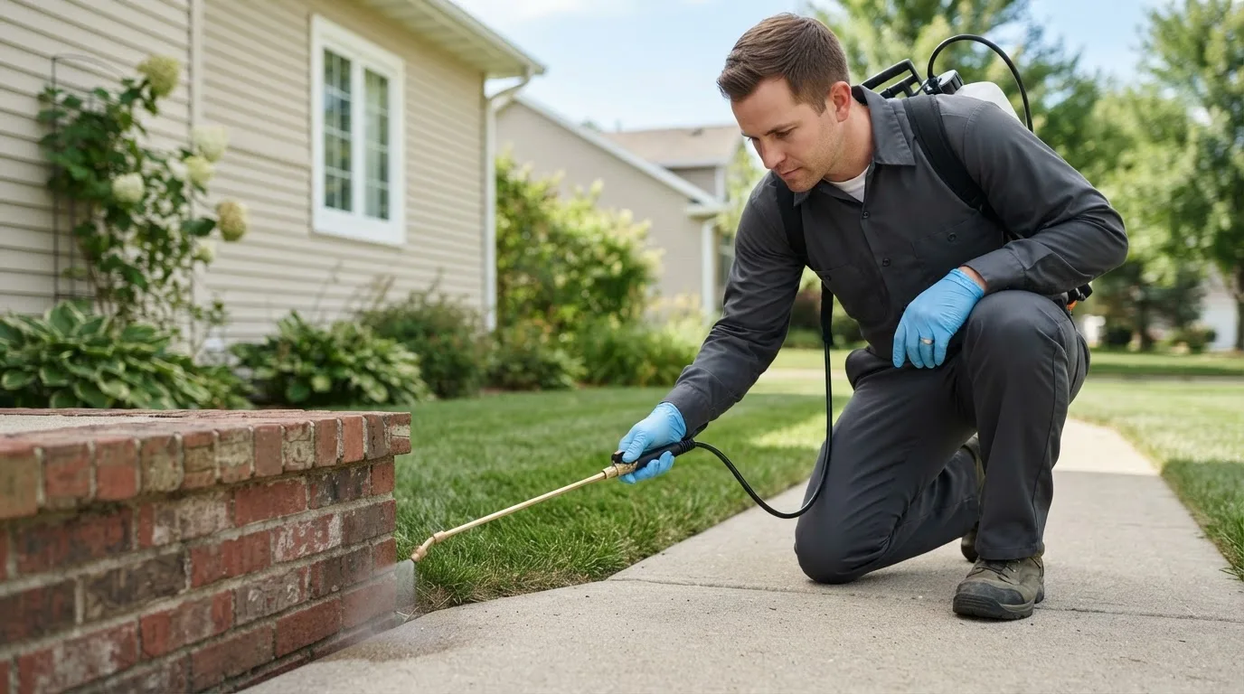 Pest control technician treating a home near Curlew, IA