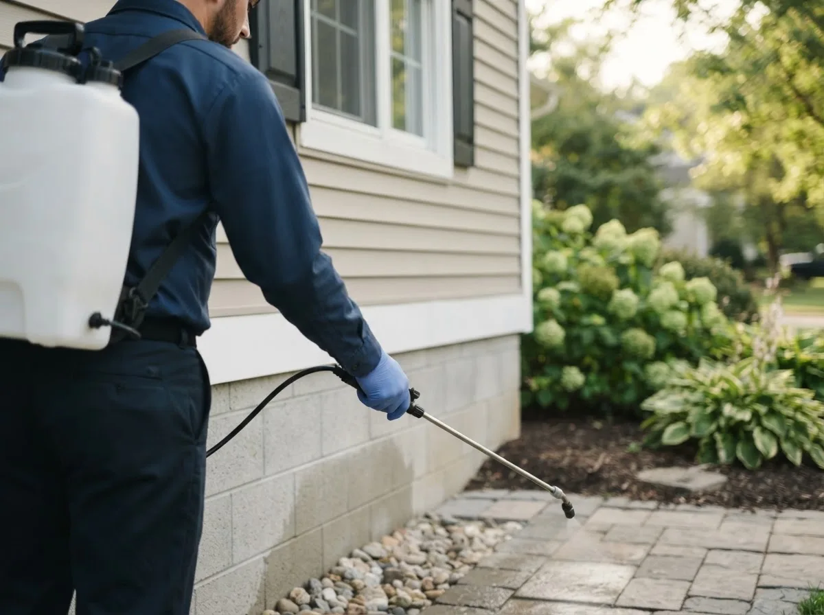 Pest control technician inspecting a home in Curlew, IA